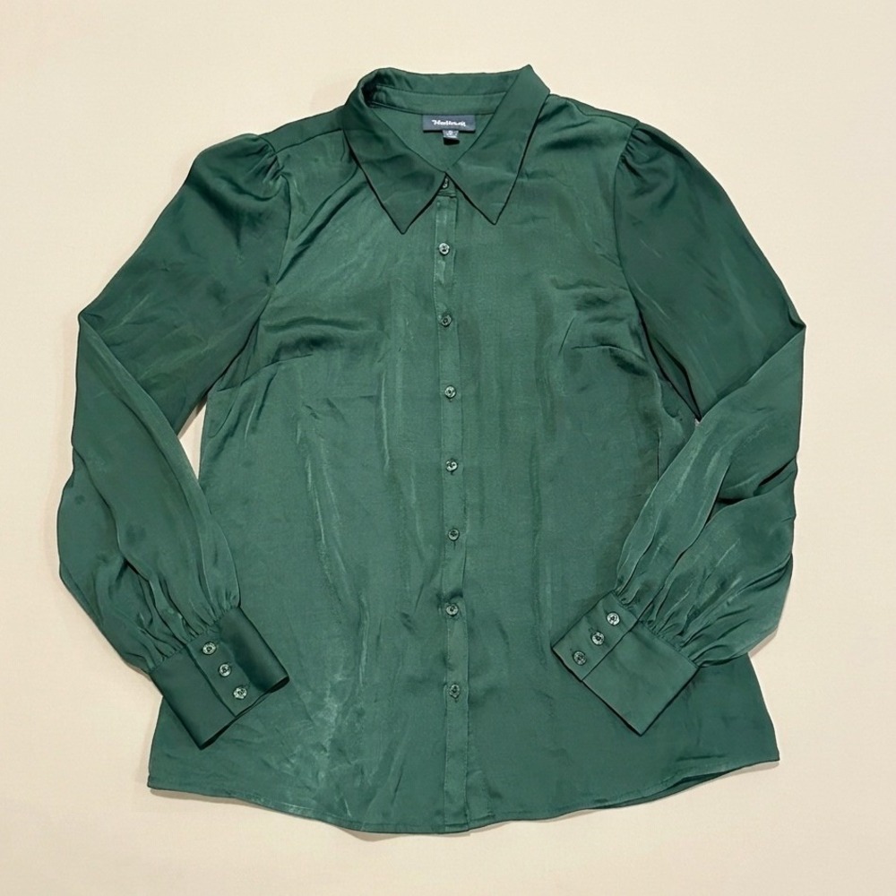 ModCloth Womens Emerald Green Satin Button Down Blouse Puff Sleeve Size Medium